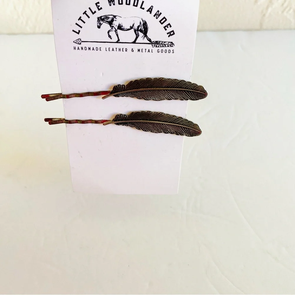 LITTLE WOODLANDER Silver Feather Hair Pins Bobby Pin 2 pc. Woodlands Nature